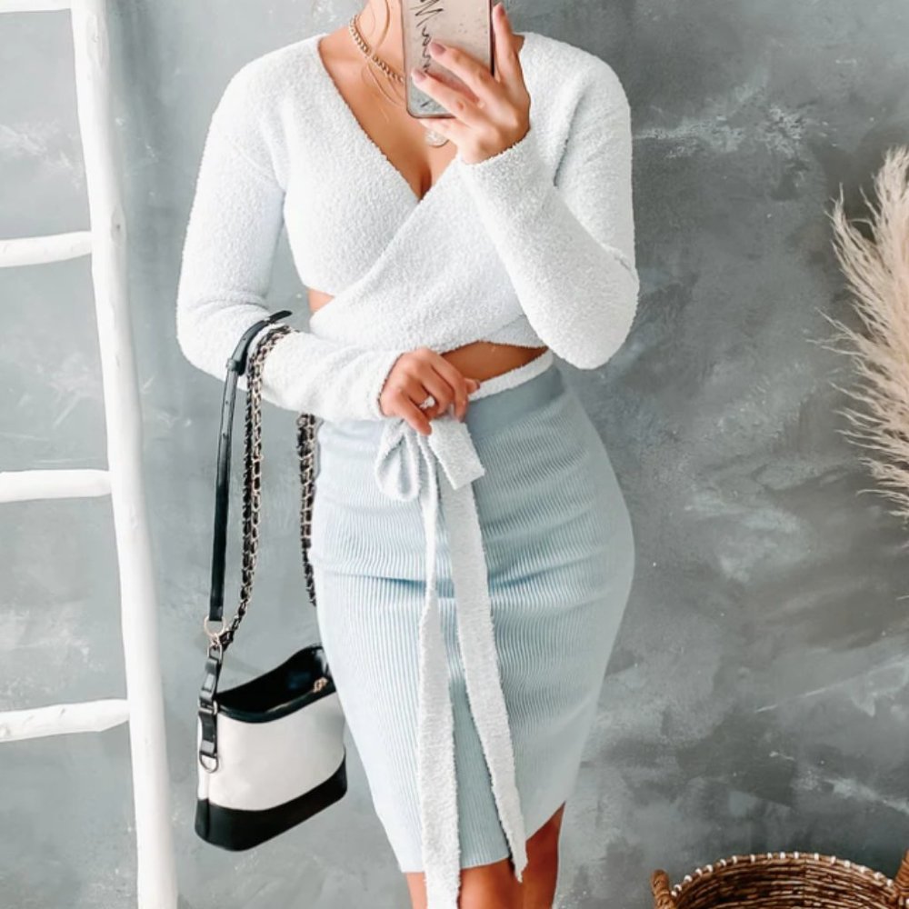 V neck, cropped sweater adjustable wrap